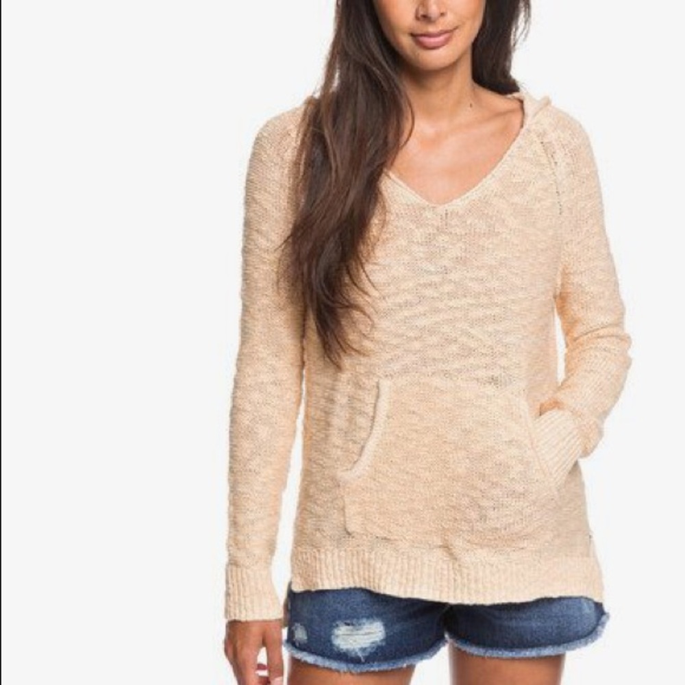 Roxy beige v neck pull over hoodie size s